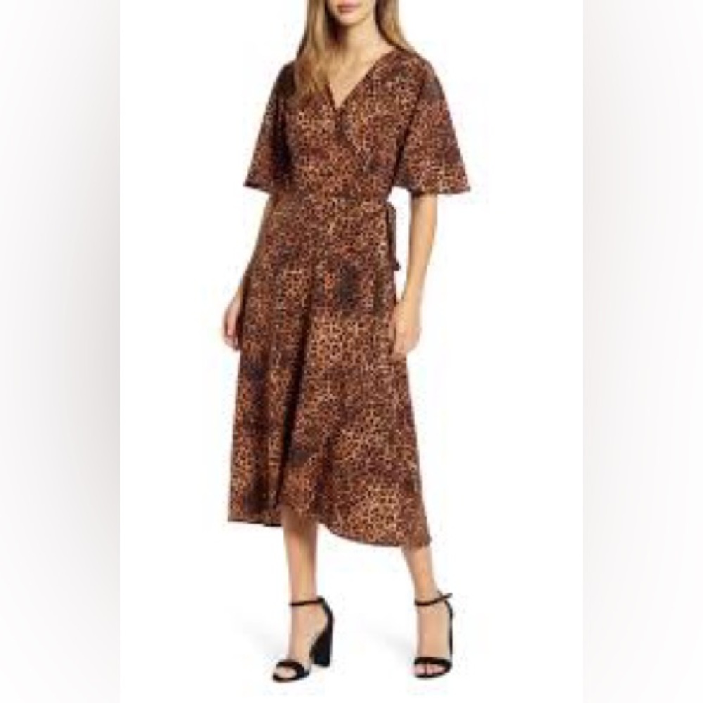Bobeau Leopard Print Puff Sleeve Wrap Dress Brown Black Size XS